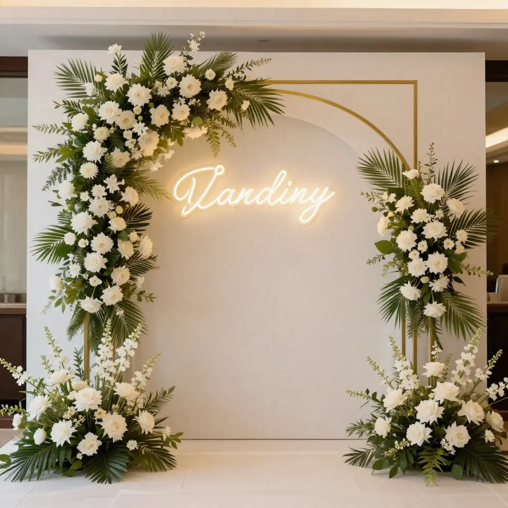 Elegant event decoration setup with flowers and arch