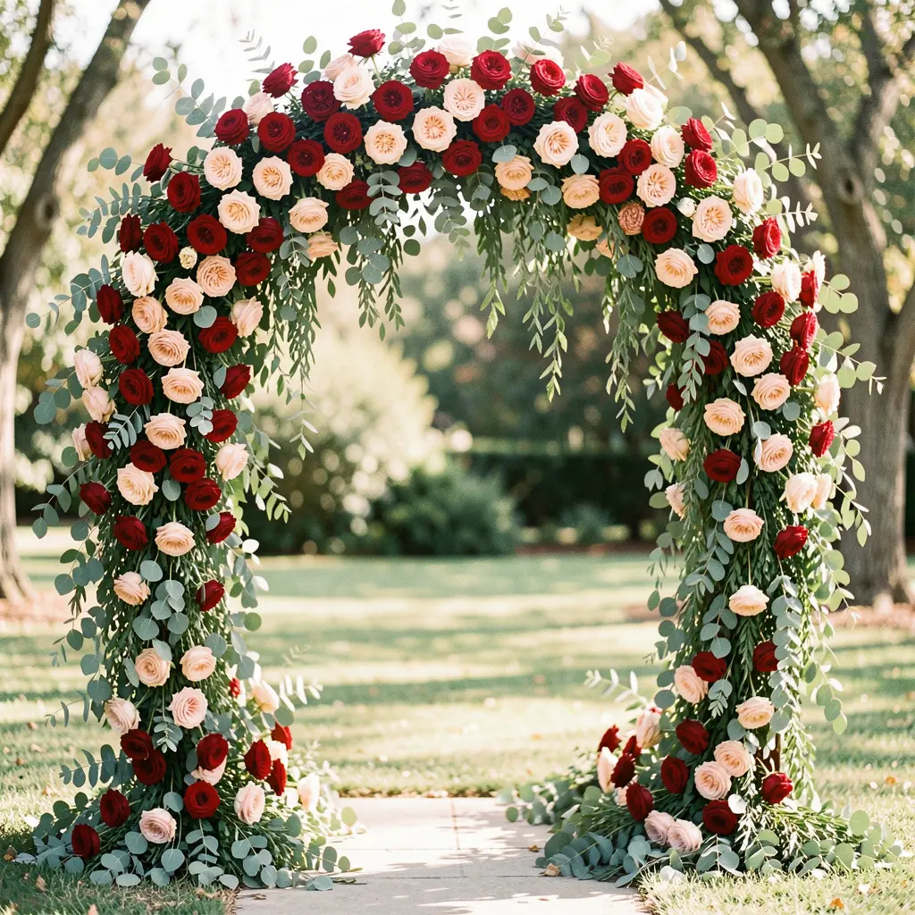 Romantic floral wedding arch with roses and greenery